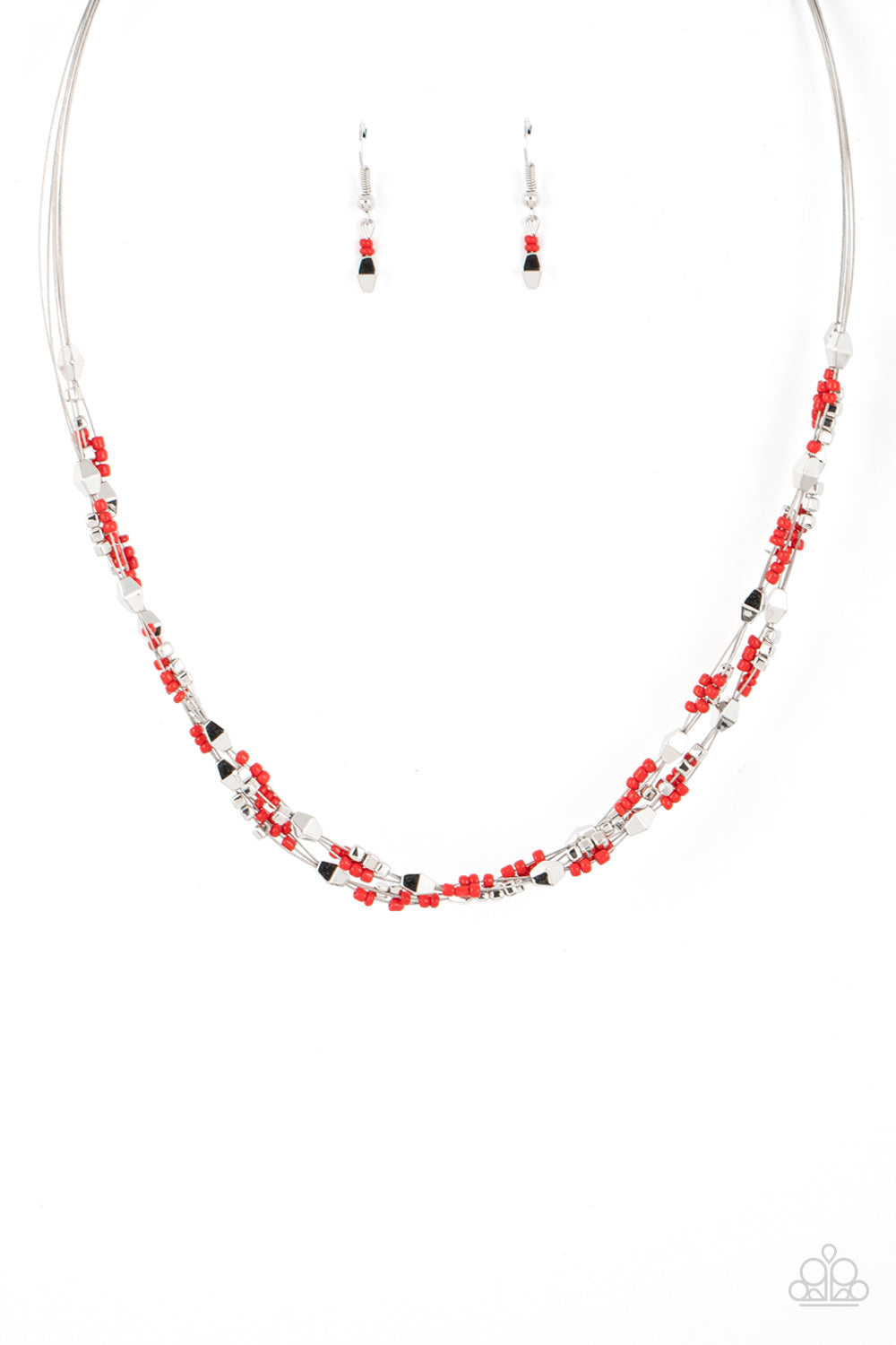 Paparazzi Accessories Explore Every Angle - Red A dainty collection of faceted silver beads, red seed beads, and silver cubes are threaded along multiple strands of silver wire below the collar, creating clustered layers. Features an adjustable clasp clos