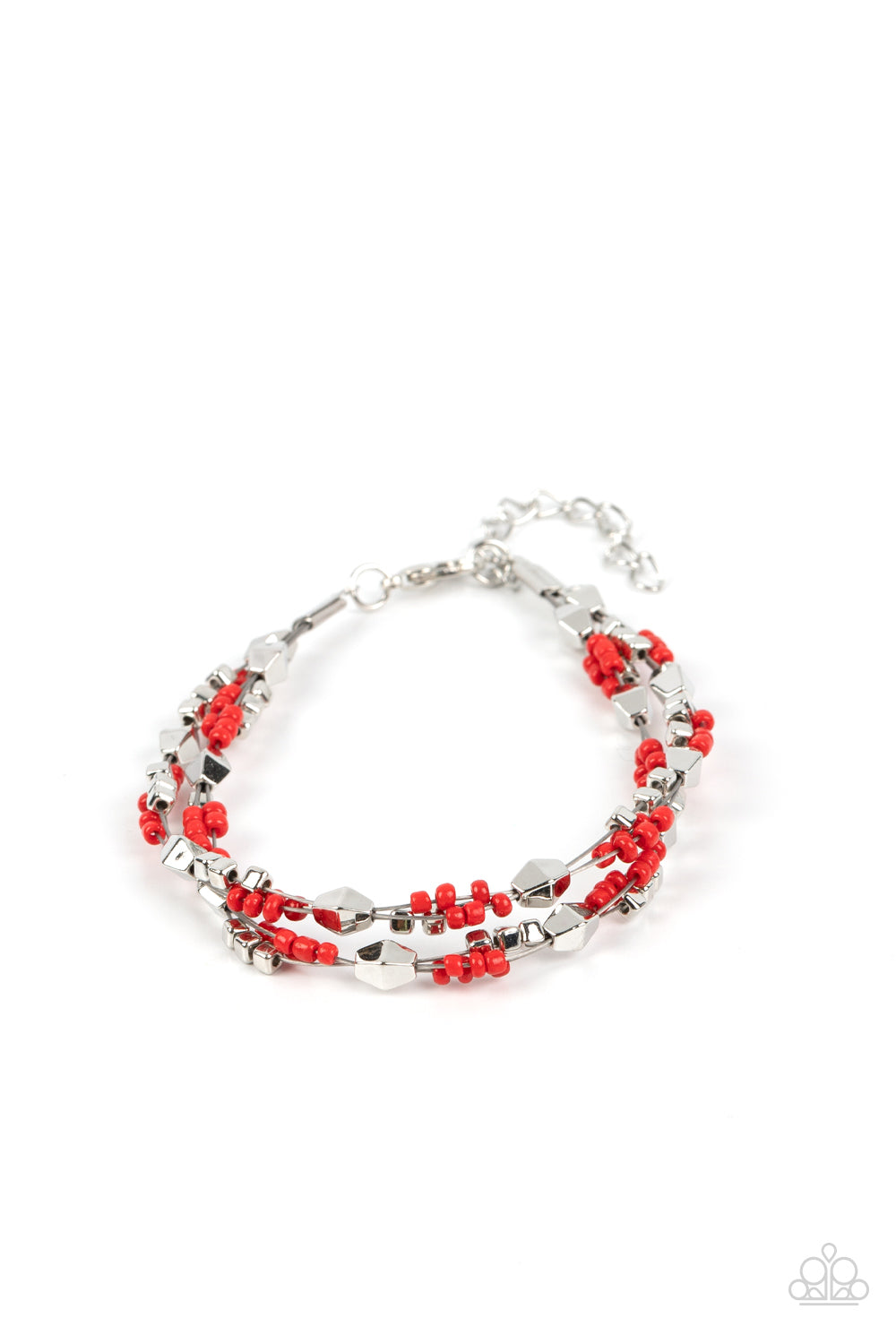 Paparazzi Accessories Elite Explorer - Red A dainty collection of faceted silver beads, red seed beads, and silver cubes are threaded along multiple strands of silver wire around the wrist, creating clustered layers. Features an adjustable clasp closure.