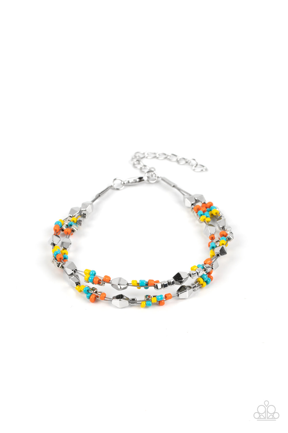 Paparazzi Accessories Elite Explorer - Multi A dainty collection of faceted silver beads, multi-colored seed beads, and silver cubes are threaded along multiple strands of silver wire around the wrist, creating clustered layers. Features an adjustable cla