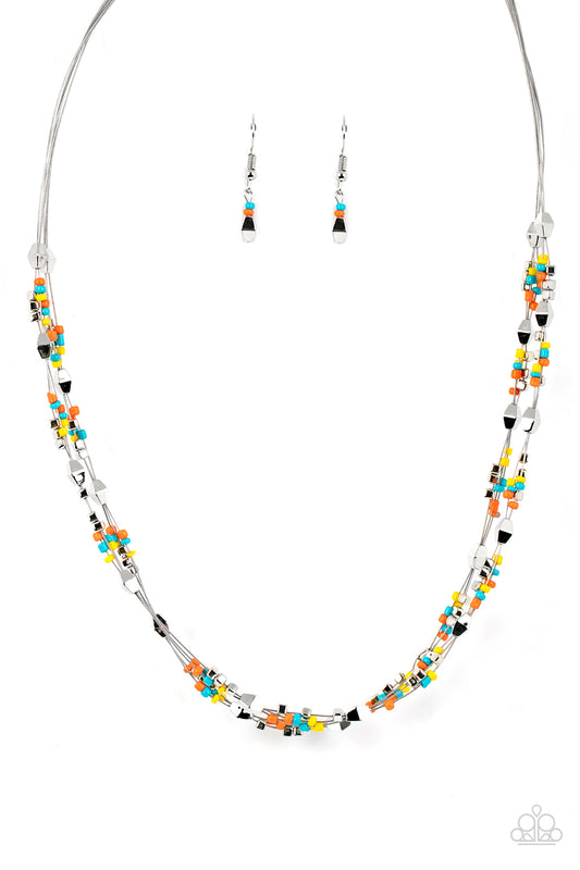 Paparazzi Accessories Explore Every Angle - Multi A dainty collection of faceted silver beads, multi-colored seed beads, and silver cubes are threaded along multiple strands of silver wire below the collar, creating clustered layers. Features an adjustabl