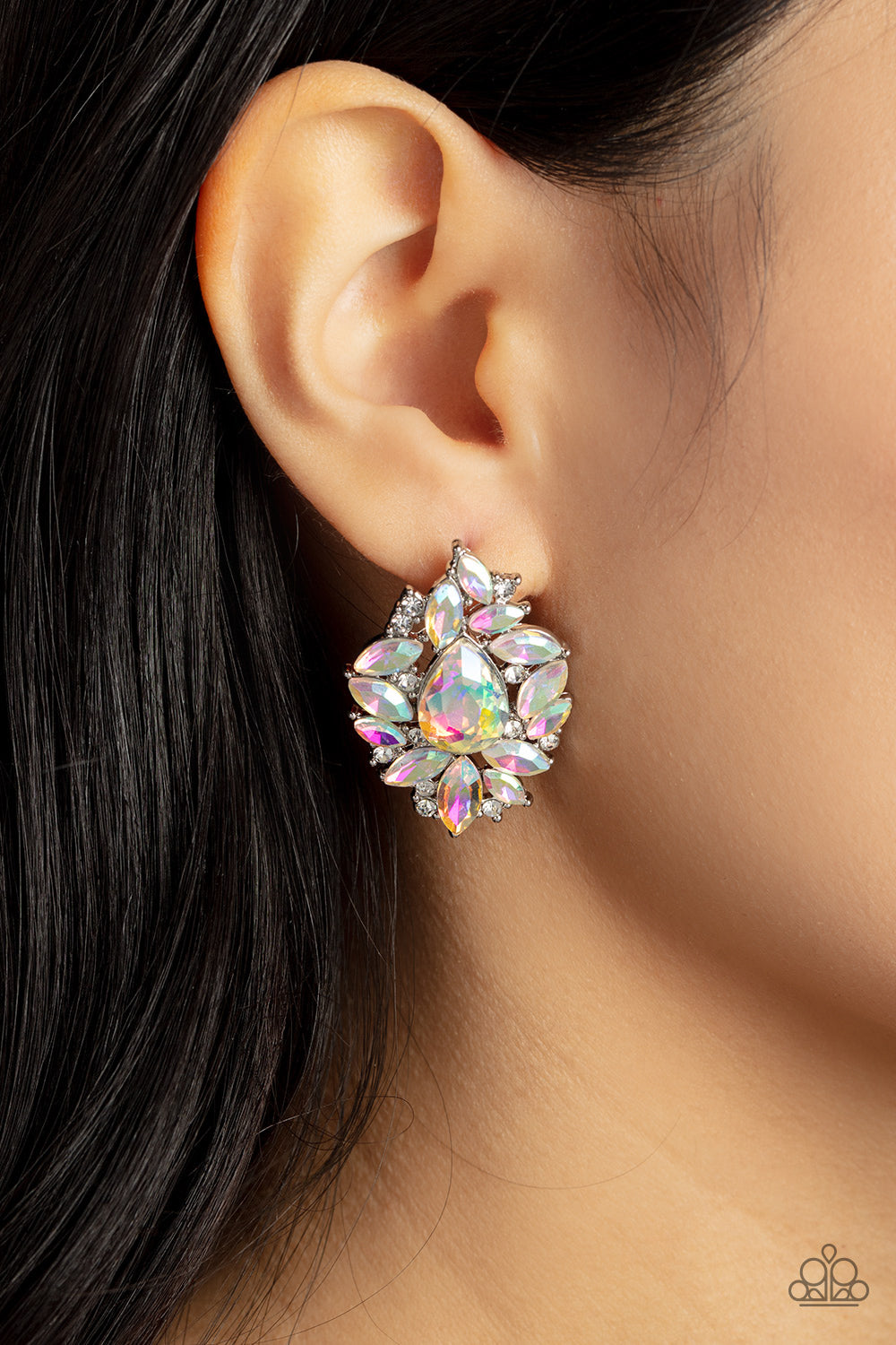 Paparazzi Accessories We All Scream for Ice QUEEN - Multi Crackling with icy incandescence, a sparkly collection of round white and marquise cut iridescent rhinestones scatters from an oversized iridescent teardrop gem for a jaw-dropping dazzle. Due to it