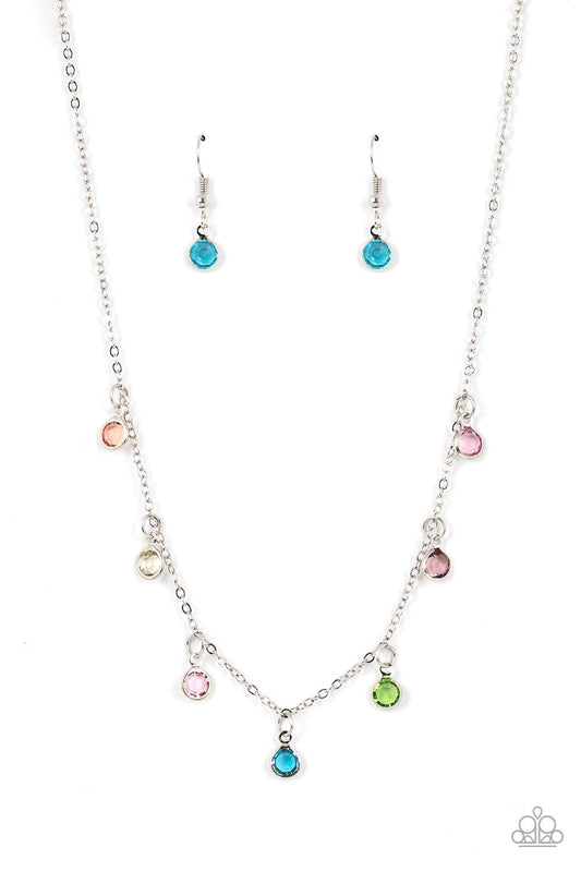 Paparazzi Accessories Carefree Charmer - Multi Encased in sleek silver fittings, a dainty collection of glassy multicolored gems twinkles along a dainty silver chain below the collar, creating a colorful fringe. Features an adjustable clasp closure. Sold