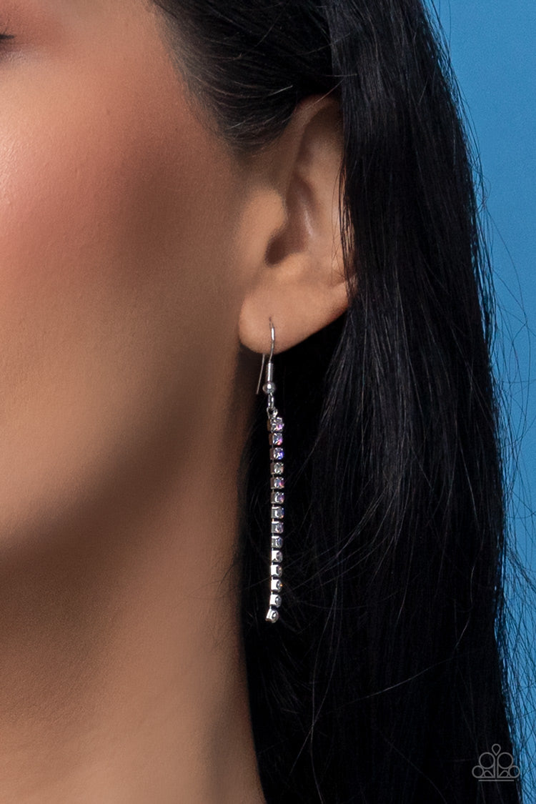 Paparazzi Accessories Infinitely Icy - Multi Strands of iridescent rhinestones delicately loop into interlocking infinities below the collar, drizzling into an icy extended pendant for a statement-making finish. Features an adjustable clasp closure. Sold