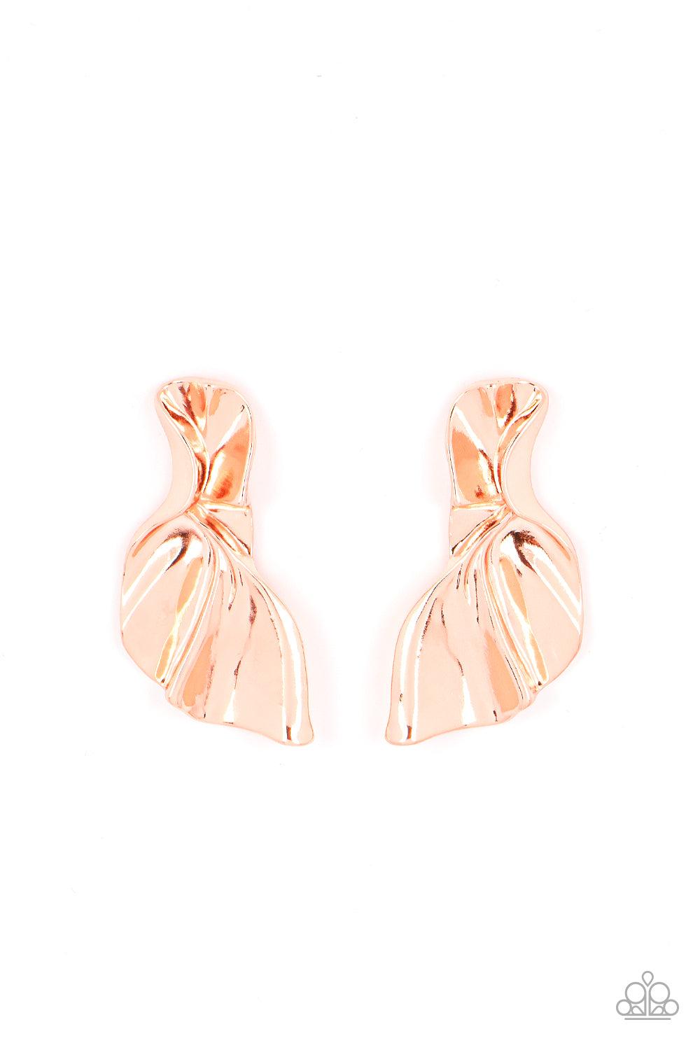 Paparazzi Accessories METAL-Physical Mood - Copper An oversized shiny copper plate curls and ripples into an asymmetrical frame, resulting in a dramatic industrial display. Earring attaches to a standard post fitting. Sold as one pair of post earrings. Ea