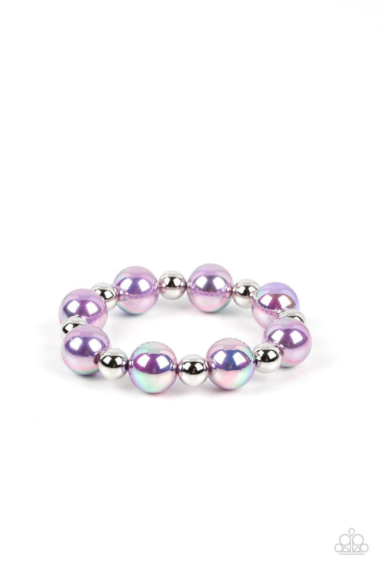 Paparazzi Accessories A DREAMSCAPE Come True - Purple Dipped in an iridescent finish, oversized lavender pearls alternate with shiny silver beads along stretchy bands around the wrist for a dreamy pop of shimmer. Sold as one individual bracelet. Get The C