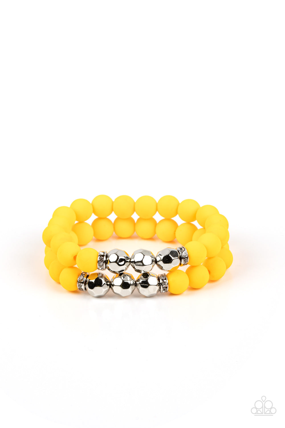 Paparazzi Accessories Dip and Dive - Yellow White rhinestone encrusted rings flank a trio of faceted silver beads along a stretchy row of matte-finished Daffodil beads, creating a summery splash of color around the wrist. Sold as one pair of bracelets. Ge
