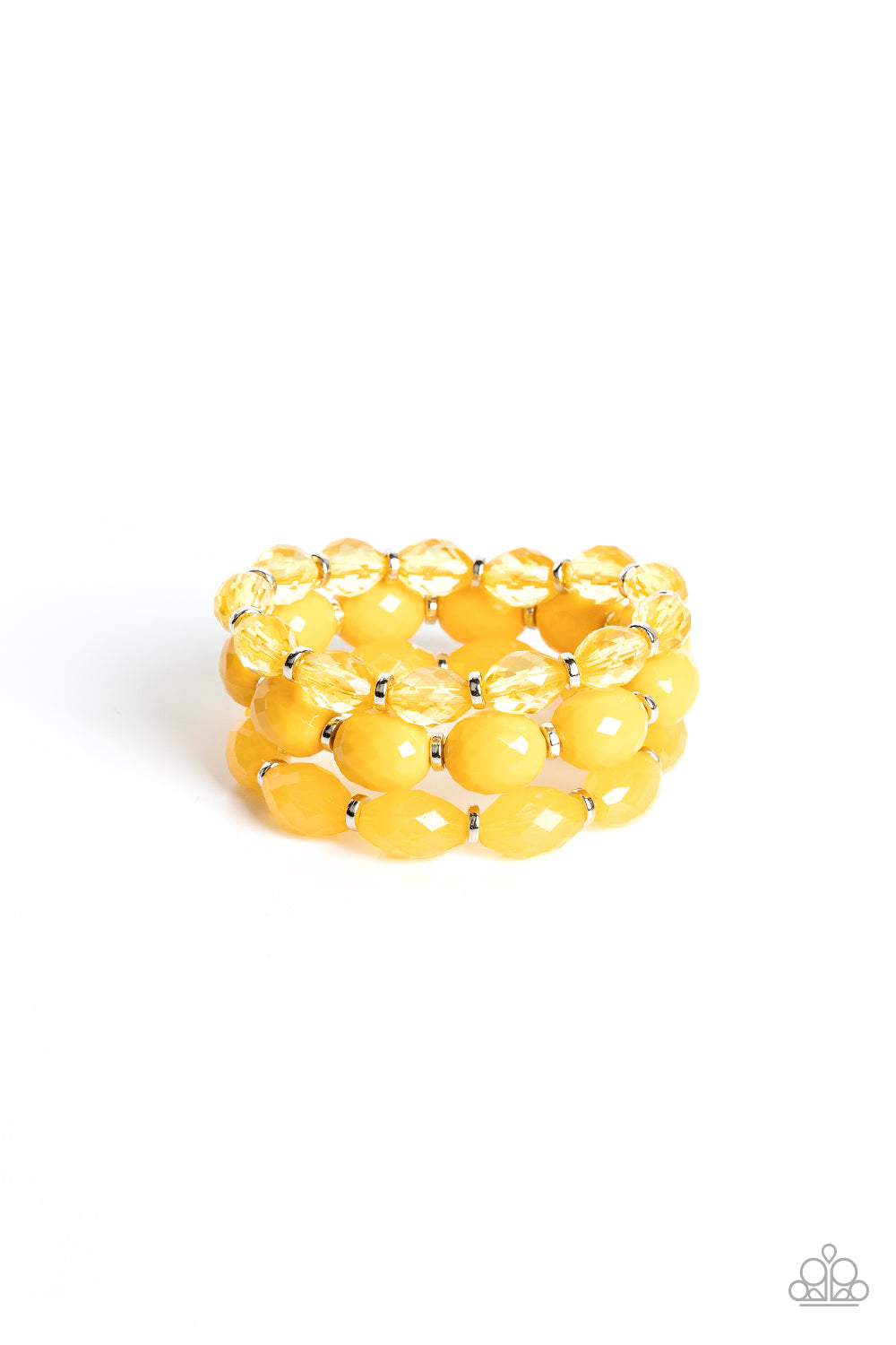 Paparazzi Accessories High Tide Hammock - Yellow Separated by dainty silver rings, mismatched rows of glassy, opaque, and solid Daffodil acrylic crystal-like beads are threaded along stretchy bands around the wrist, creating vivacious layers. Sold as one