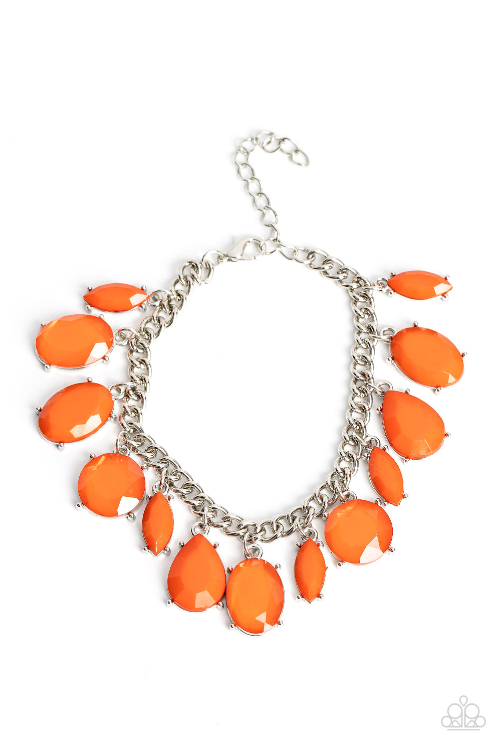 Paparazzi Accessories Serendipitous Shimmer - Orange A charming collection of opaque and translucent orange beads swings from a classic silver chain. The faceted beads are a mishmash of shapes and sizes, creating a flirtatious pop of color around the wris
