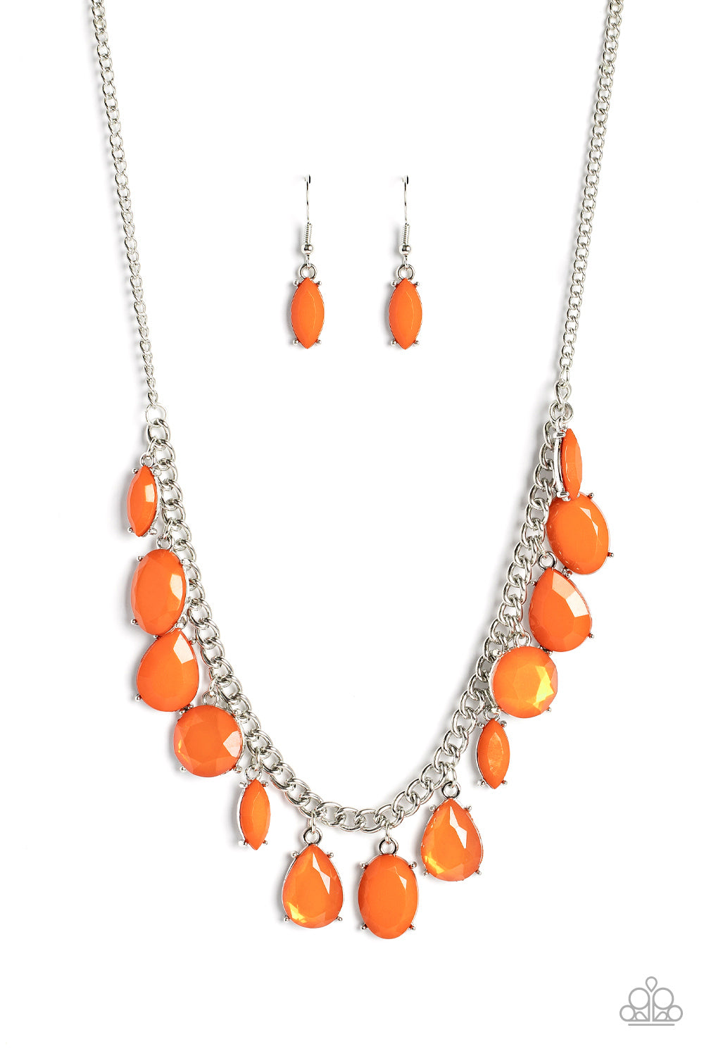 Paparazzi Accessories Fairytale Fortuity - Orange Featuring oval, round, teardrop, and marquise cuts, a fanciful collection of opaque and translucent orange beads sways from a bold silver chain. The faceted beads are set in silver prong settings, giving a