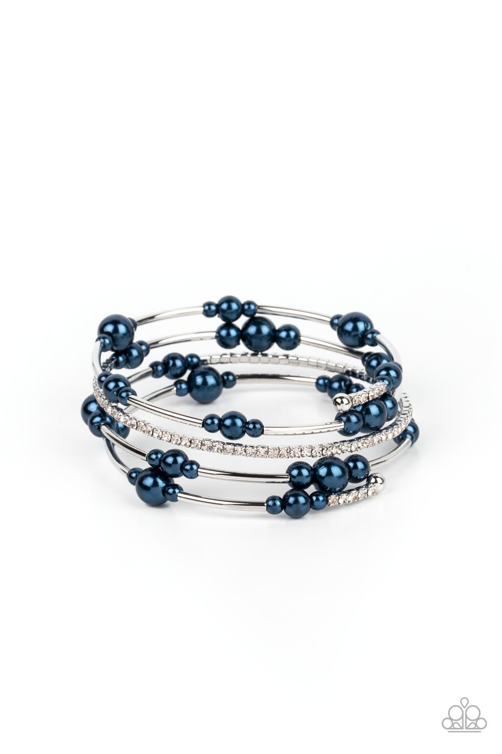 Paparazzi Accessories Marina Masterpiece - Blue Bubbly blue pearls, cylindrical silver beads, and glassy white rhinestones are threaded along a coiled wire, resulting in a timeless infinity wrap bracelet around the wrist. Sold as one individual bracelet.