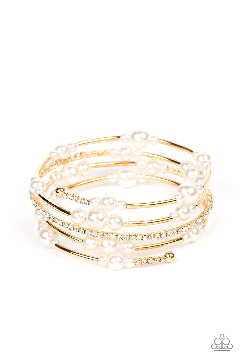 Paparazzi Accessories Marina Masterpiece - Gold Bubbly white pearls, cylindrical gold beads, and glassy white rhinestones are threaded along a coiled wire, resulting in a timeless infinity wrap bracelet around the wrist. Sold as one individual bracelet. J