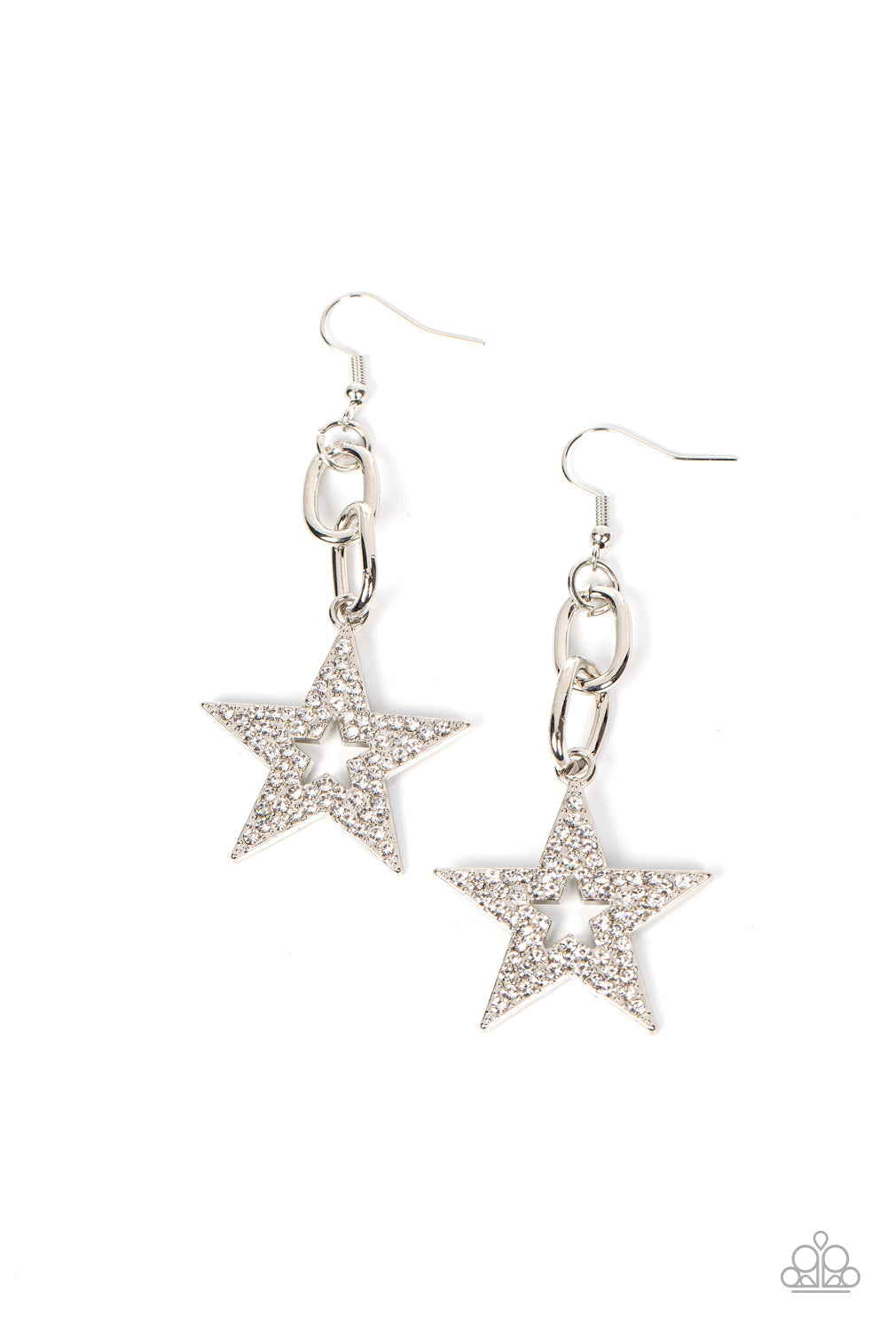 Paparazzi Accessories Cosmic Celebrity - White Glassy white rhinestones scatter across the front of a silver star at the bottom of a chunky silver chain, resulting in a stellar lure. Earring attaches to a standard fishhook fitting. Sold as one pair of ear