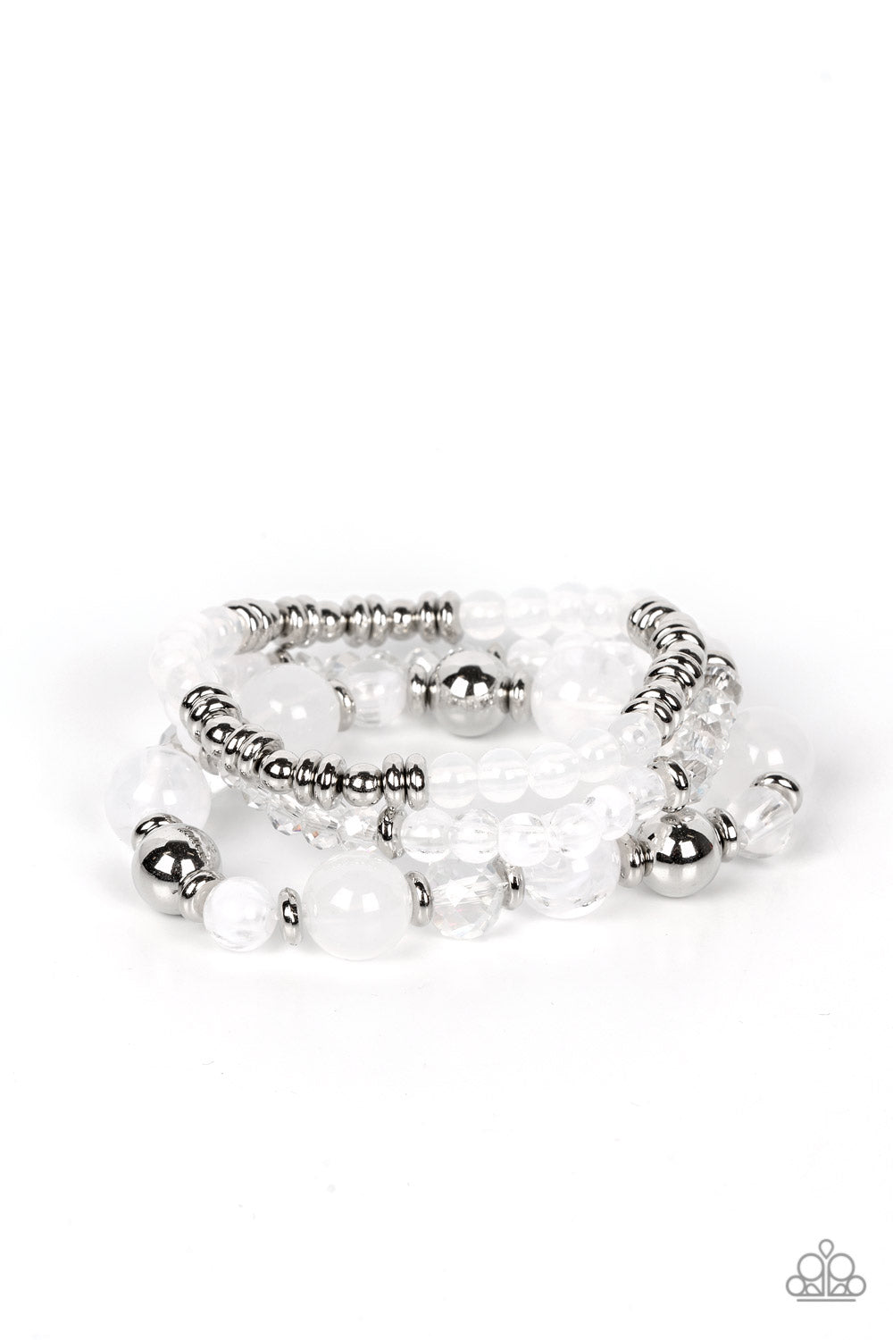 Paparazzi Accessories Shoreside Stroll - White A mismatched assortment of glassy and opaque white beads joins white crystal-like and dainty silver accents along stretchy bands around the wrist, resulting in dreamy layers. Sold as one set of three bracelet