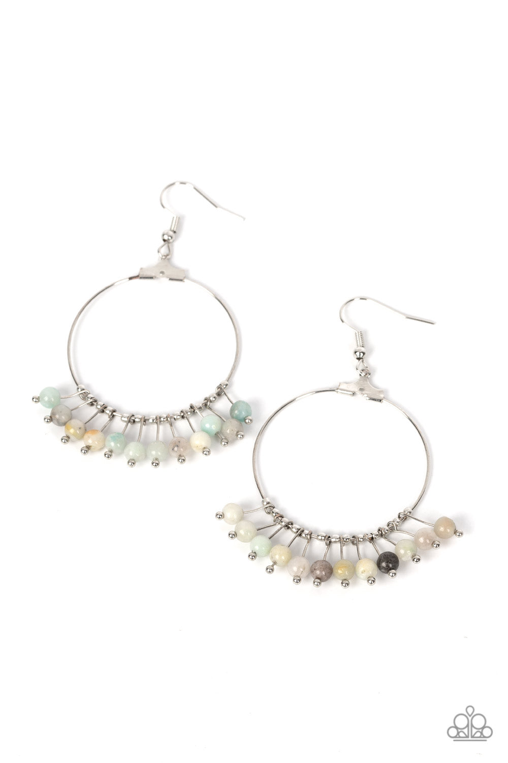 Paparazzi Accessories Free Your Soul - Multi Threaded along silver rods, a dainty collection of natural stone beads glides along the bottom of a shiny silver wire hoop, resulting in a tranquil fringe. As the stone elements in this piece are natural, some
