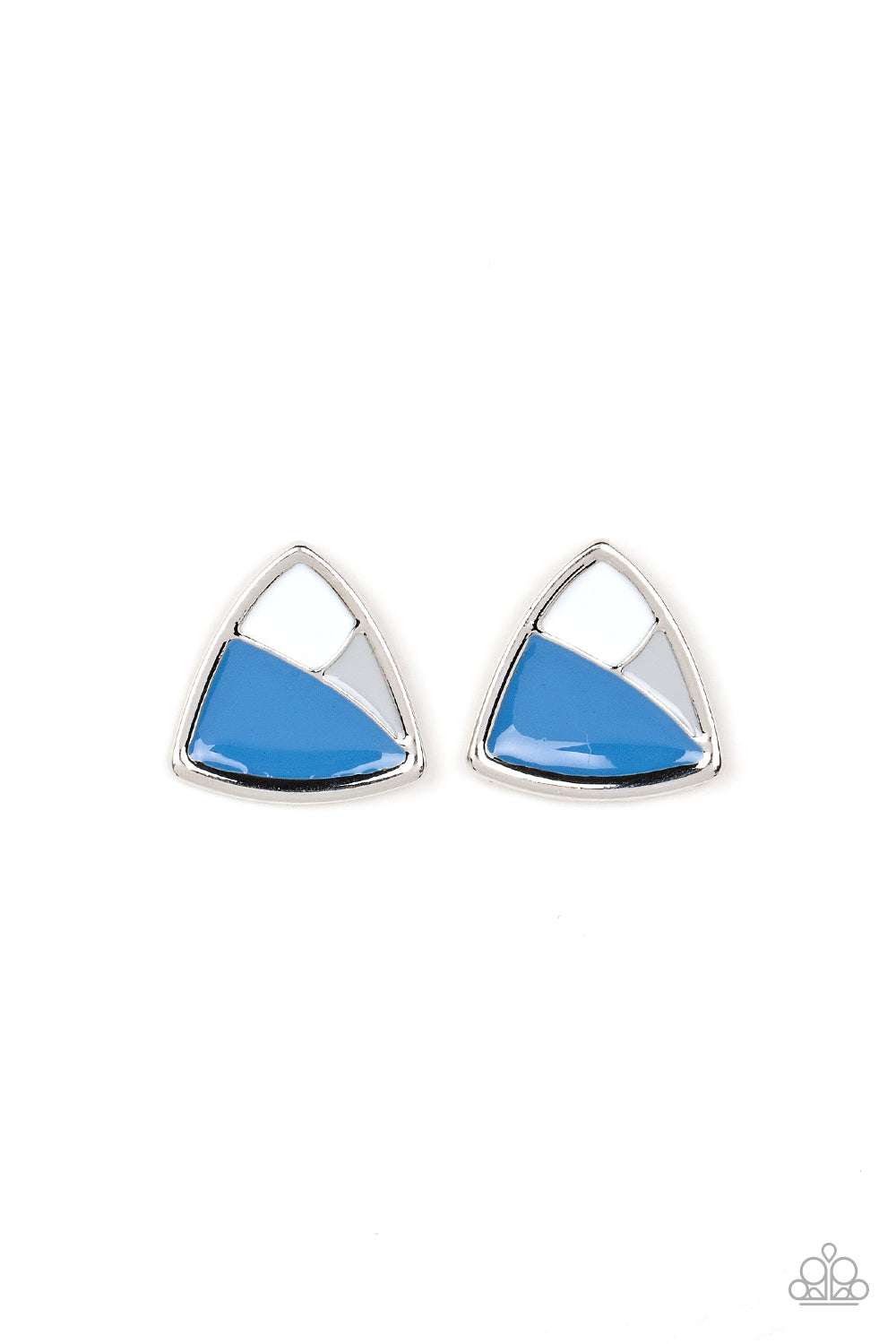 Paparazzi Accessories Kaleidoscopic Collision - Blue A collision of Skydiver, Northern Droplet, and white painted accents beam inside an asymmetric triangular frame for a contemporary pop of color. Earring attaches to a standard post fitting. Sold as one