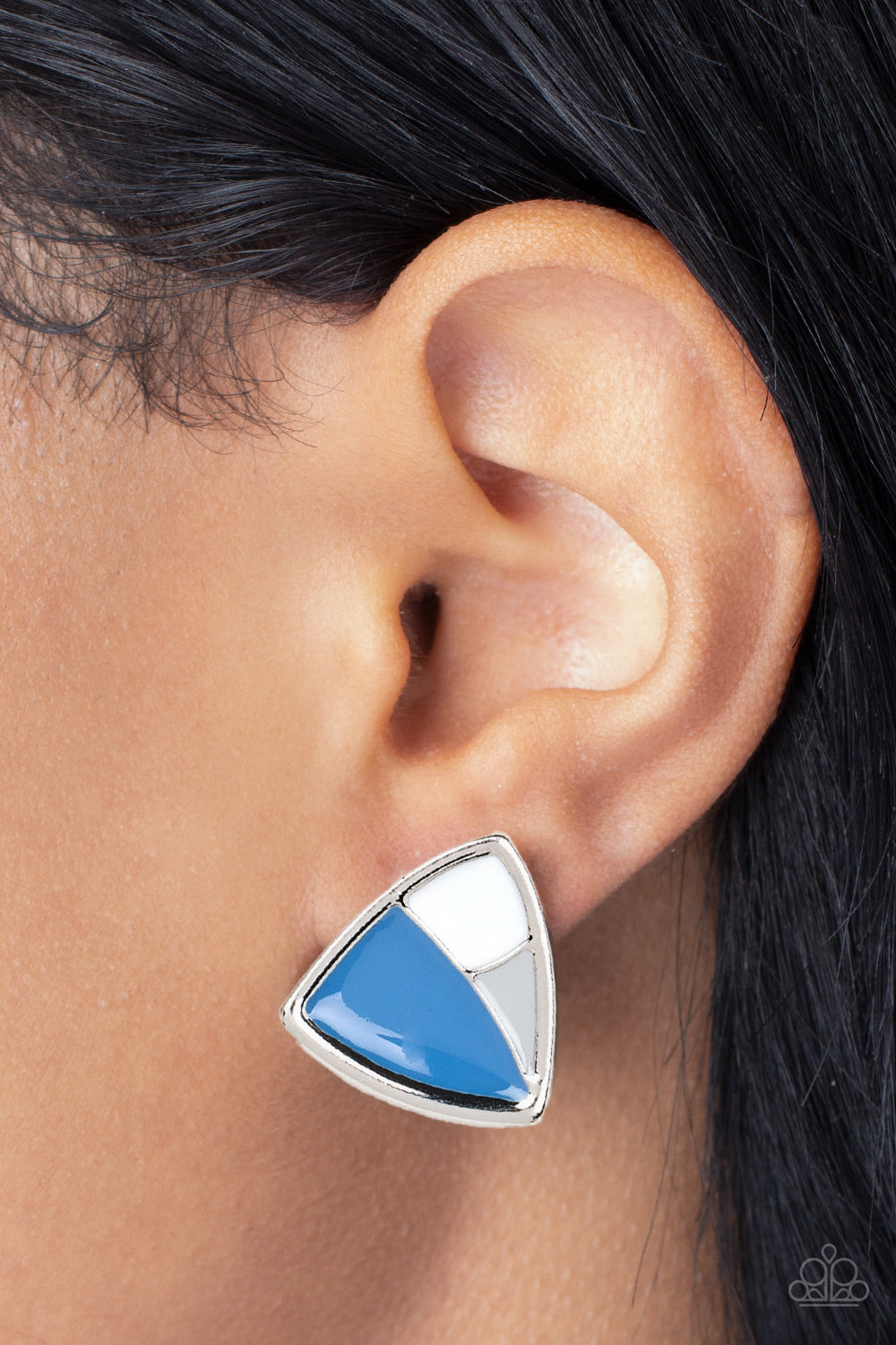 Paparazzi Accessories Kaleidoscopic Collision - Blue A collision of Skydiver, Northern Droplet, and white painted accents beam inside an asymmetric triangular frame for a contemporary pop of color. Earring attaches to a standard post fitting. Sold as one