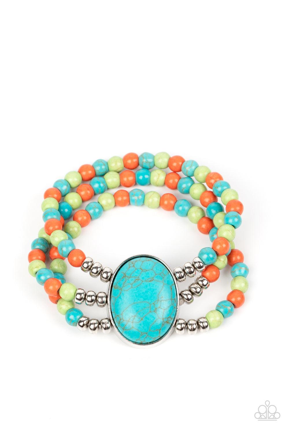 Paparazzi Accessories Stone Pools - Multi Layers of turquoise, green, and orange stone beads are threaded along stretchy bands that connect to a stunning oval turquoise stone, creating an extraordinary statement piece around the wrist. Sold as one individ
