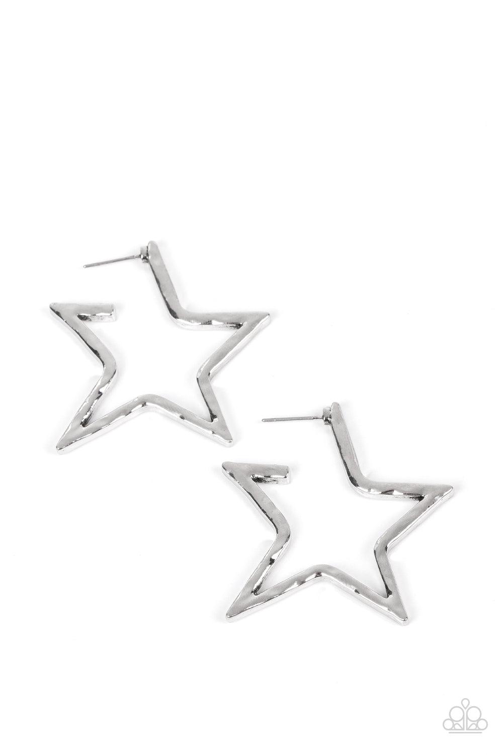 Paparazzi Accessories All-Star Attitude - Silver A hammered silver bar delicately folds into a star-shaped hoop, resulting in a stellar metallic shimmer. Earring attaches to a standard post fitting. Sold as one pair of hoop earrings. Earrings