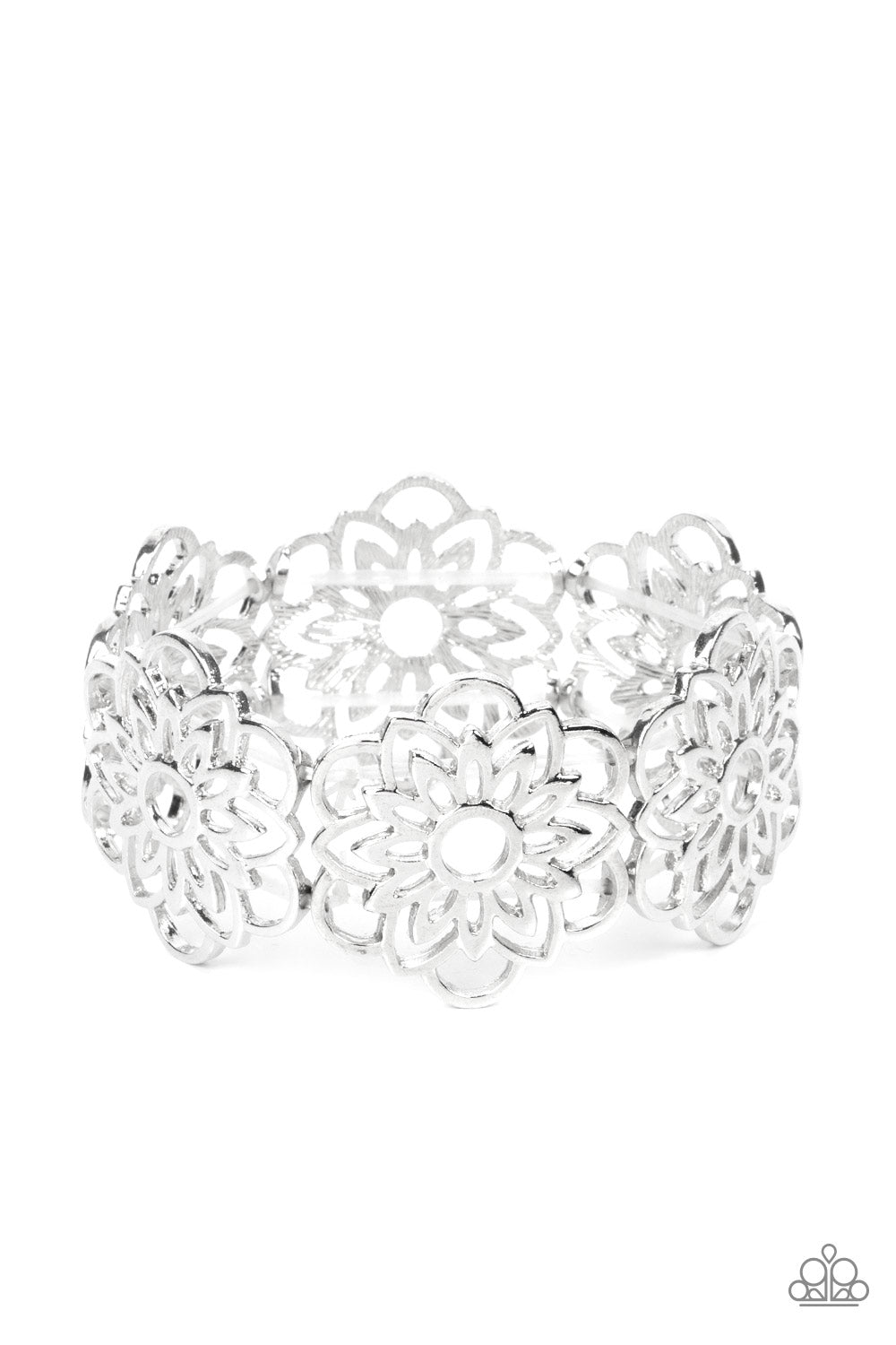 Paparazzi Accessories Baroque Bouquet - Silver Airy silver petals bloom into mandala-like blossoms along stretchy bands around the wrist, creating a regal floral pattern. Sold as one individual bracelet. Bracelets