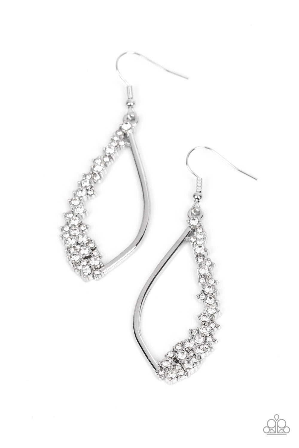 Paparazzi Accessories Sparkly Side Effects - White Set in silver pronged fittings, dainty white rhinestones tumble down one side of an airy silver lure for a bubbly blast of sparkle. Earring attaches to a standard fishhook fitting. Sold as one pair of ear