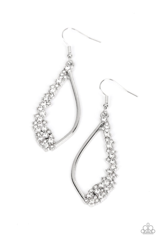 Paparazzi Accessories Sparkly Side Effects - White Set in silver pronged fittings, dainty white rhinestones tumble down one side of an airy silver lure for a bubbly blast of sparkle. Earring attaches to a standard fishhook fitting. Sold as one pair of ear
