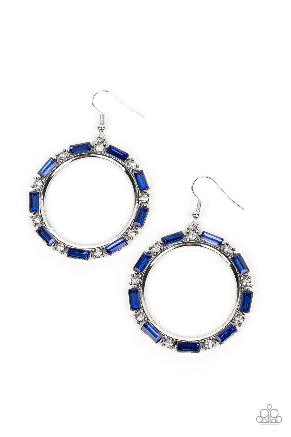 Paparazzi Accessories Gritty Glow - Blue A glittery collection of round white and emerald cut blue rhinestones smolders along the outside rim of a shiny silver hoop, resulting in an edgy centerpiece. Earring attaches to a standard fishhook fitting. Sold a