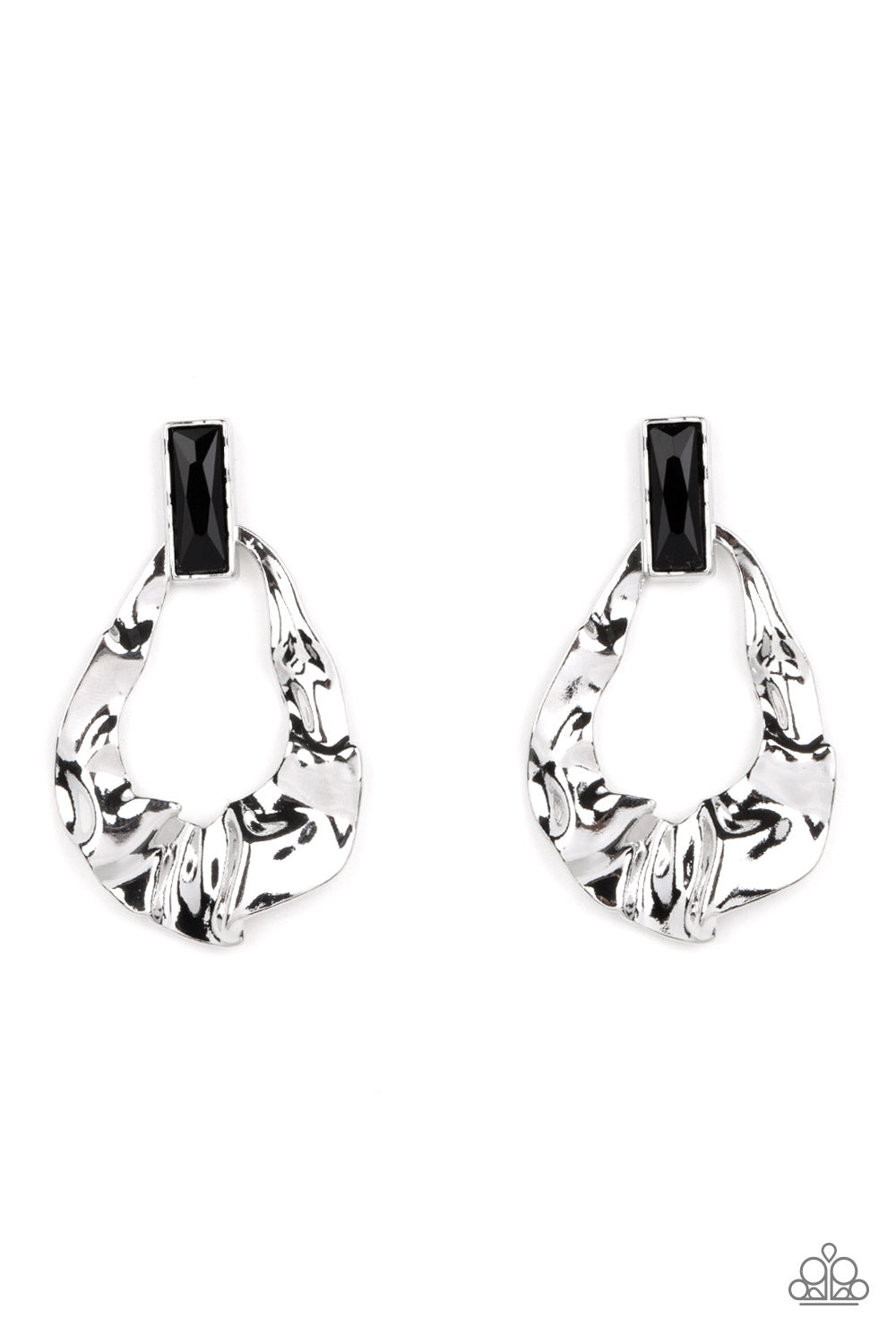 Paparazzi Accessories Metro Meltdown - Black Folds of warped silver delicately gather into an edgy teardrop at the bottom of an emerald cut black rhinestone. Earring attaches to a standard post fitting. Sold as one pair of post earrings. Jewelry