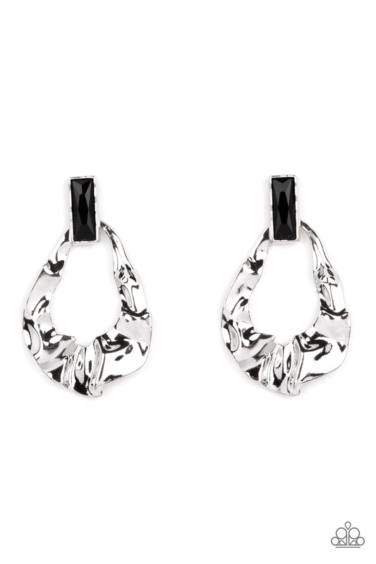 Paparazzi Accessories Metro Meltdown - Black Folds of warped silver delicately gather into an edgy teardrop at the bottom of an emerald cut black rhinestone. Earring attaches to a standard post fitting. Sold as one pair of post earrings. Jewelry