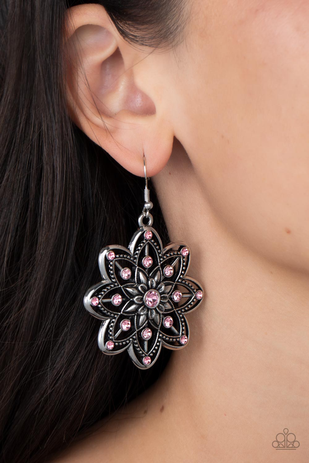 Paparazzi Accessories Prismatic Perennial - Pink Dotted in Gossamer Pink rhinestones, rows of smooth and studded silver petals bloom from a Gossamer Pink rhinestone center for a whimsical floral fashion. Earring attaches to a standard fishhook fitting. So