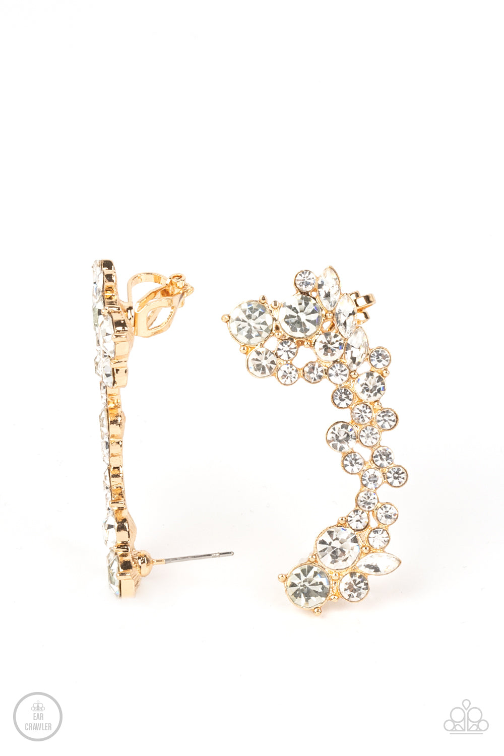 Paparazzi Accessories Astronomical Allure - Gold A sparkly collision of round and marquise cut white rhinestones tumble down the ear, coalescing into an out-of-this-world sparkle. Features a clip-on fitting at the top for a secure fit. Sold as one pair of