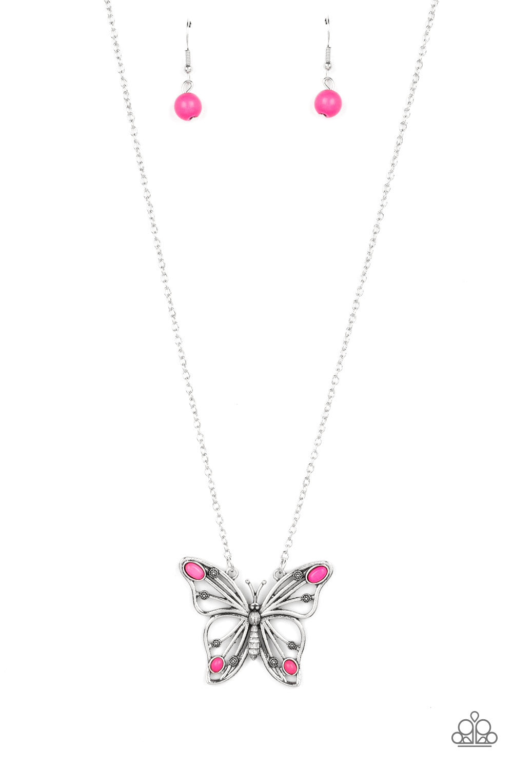 Paparazzi Accessories Badlands Butterfly - Pink Accented in oval pink stones, a decorative silver butterfly flutters at the bottom of a lengthened silver chain for a free-spirited finish. Features an adjustable clasp closure. Sold as one individual neckla