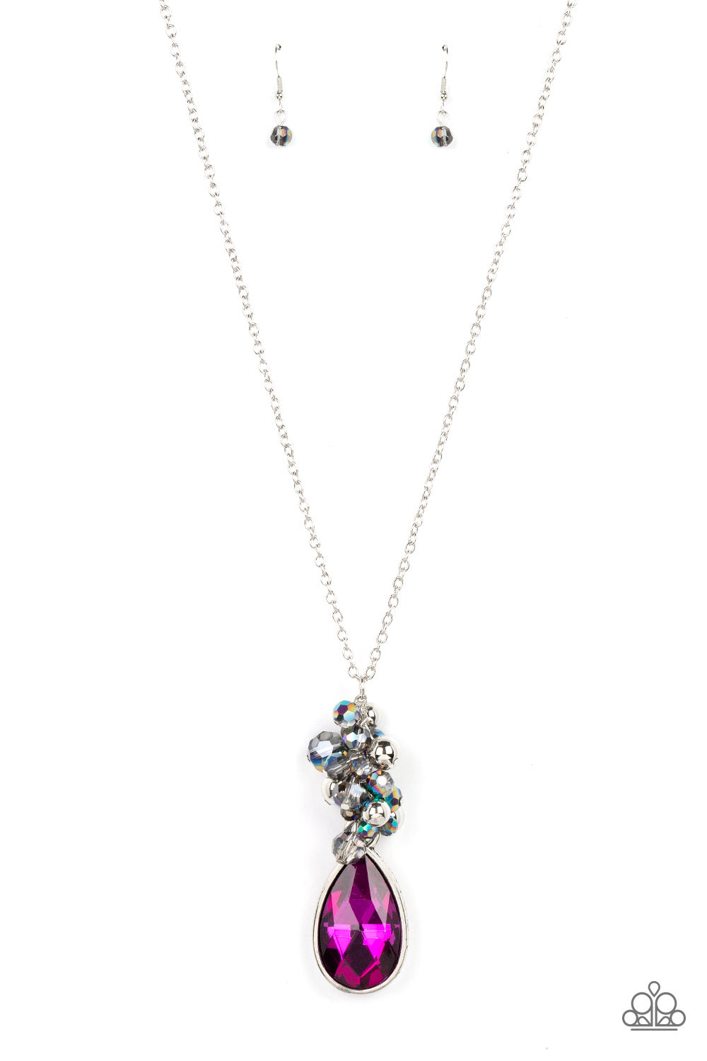 Paparazzi Accessories Colorful Convergence - Multi A dramatically oversized teardrop gem sparkles at the bottom of a cluster of silver beads, smoky crystal-like beads, and metallic oil spill accents. The effervescent pendant swings from the bottom of a le