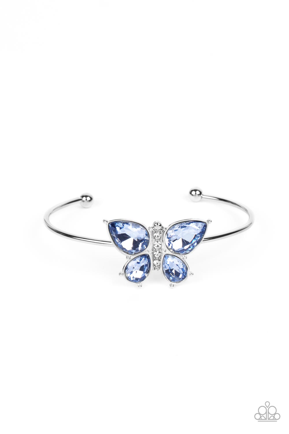 Paparazzi Accessories Butterfly Beatitude - Blue A silver butterfly with blue teardrop rhinestone wings and a white-rhinestone body delicately perches atop a shiny silver cuff. Sold as one individual bracelet. Jewelry