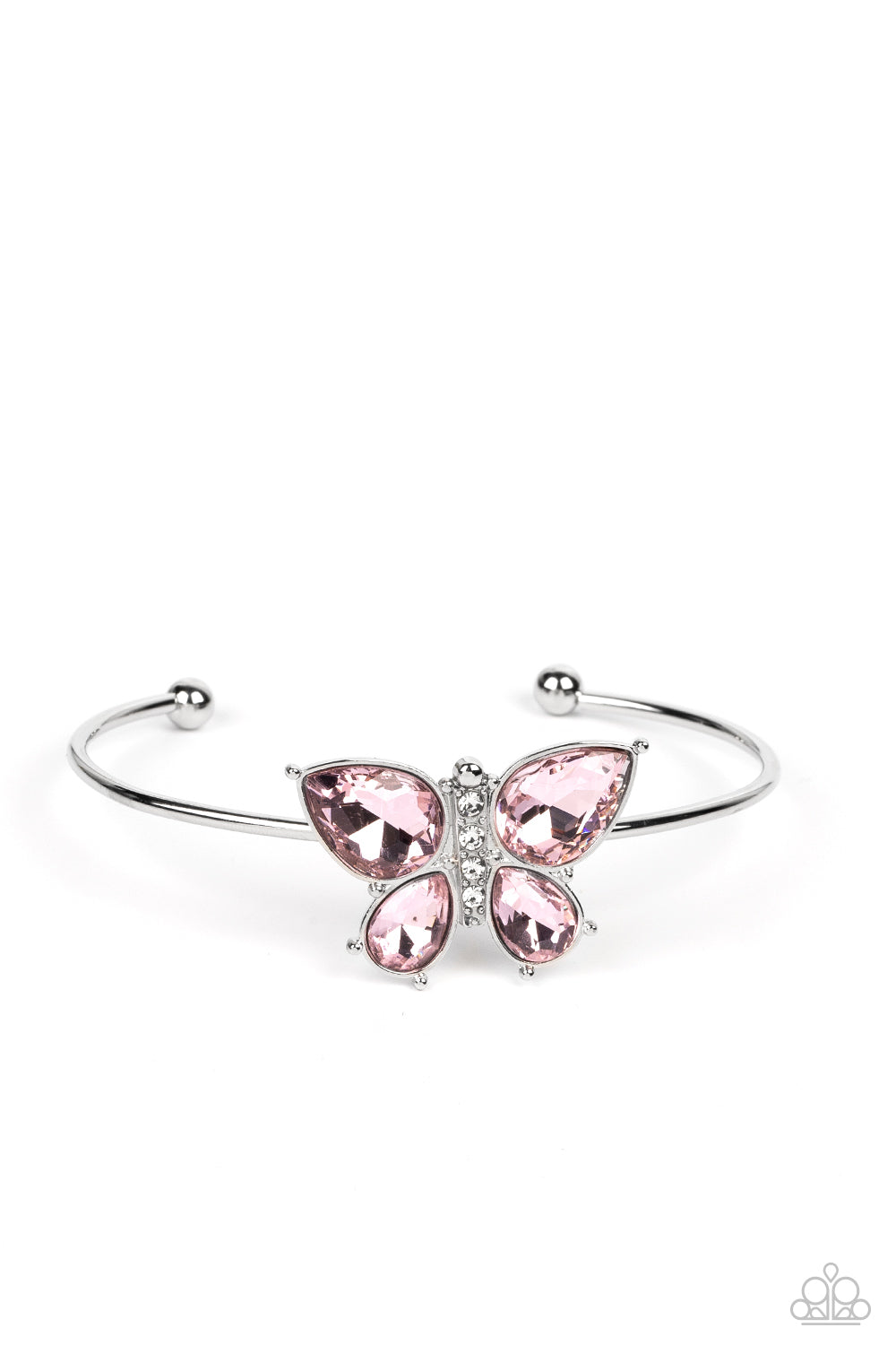 Paparazzi Accessories Butterfly Beatitude - Pink A silver butterfly with pink teardrop rhinestone wings and a white-rhinestone body delicately perches atop a shiny silver cuff. Sold as one individual bracelet. Get The Complete Look! Necklace: "Free-Flying