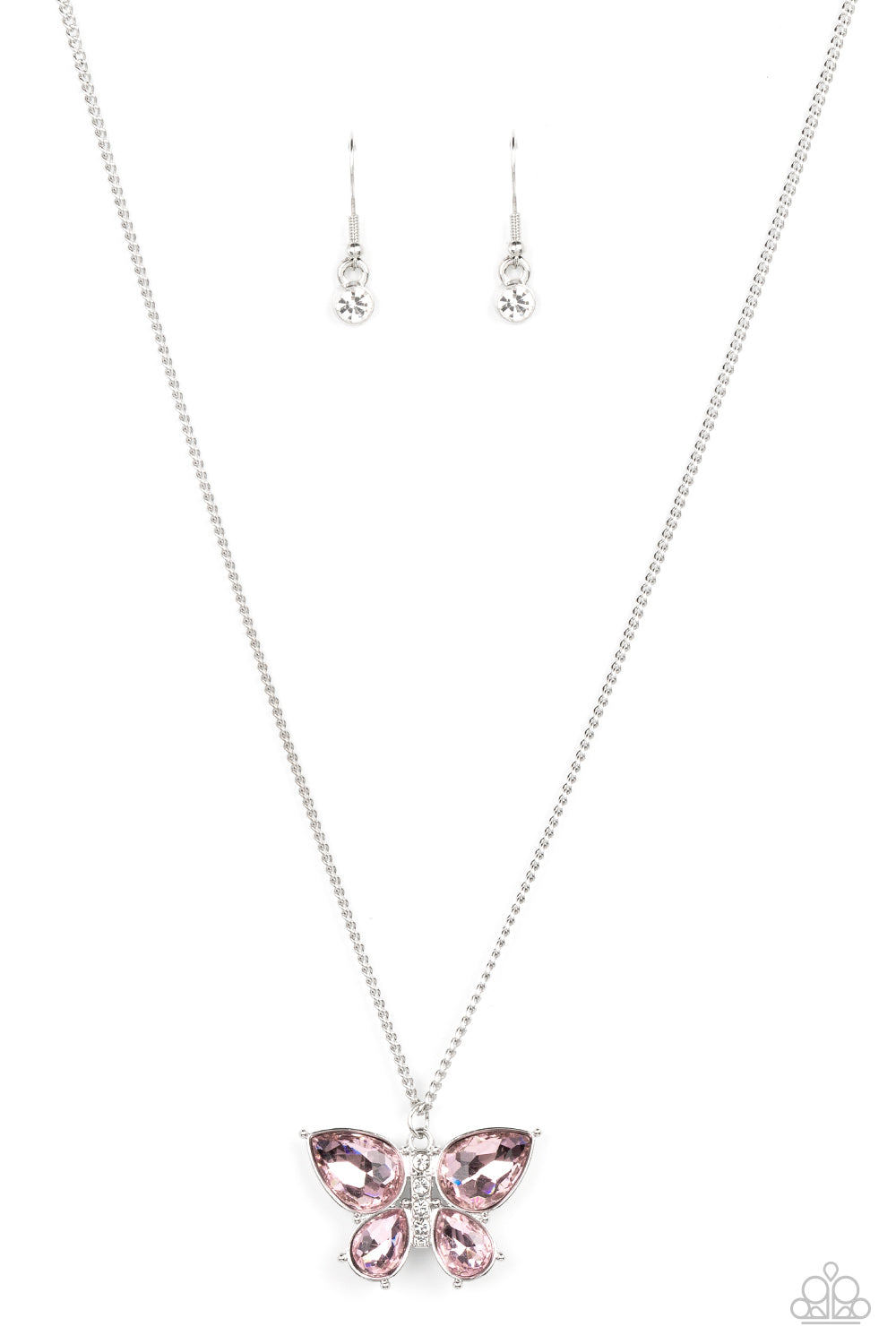 Paparazzi Accessories Free-Flying Flutter - Pink A silver butterfly with pink teardrop rhinestone wings and a white-rhinestone body delicately flutters at the bottom of a silver chain. Features an adjustable clasp closure. Sold as one individual necklace.