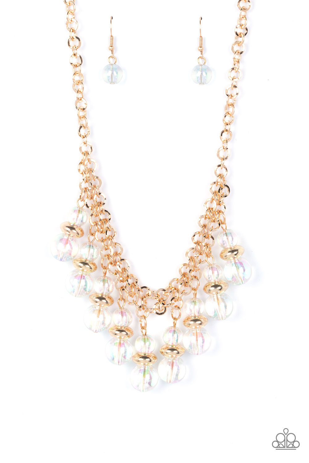 Paparazzi Accessories Deep Space Diva - Gold Featuring a stellar iridescence, pairs of glassy beads are separated by shiny gold discs, trickling below the collar in an effervescent fringe. Features an adjustable clasp closure. Due to its prismatic palette