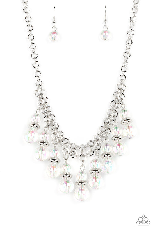 Paparazzi Accessories Deep Space Diva - Multi Featuring a stellar iridescence, pairs of glassy beads are separated by shiny silver discs, trickling below the collar in an effervescent fringe. Features an adjustable clasp closure. Due to its prismatic pale
