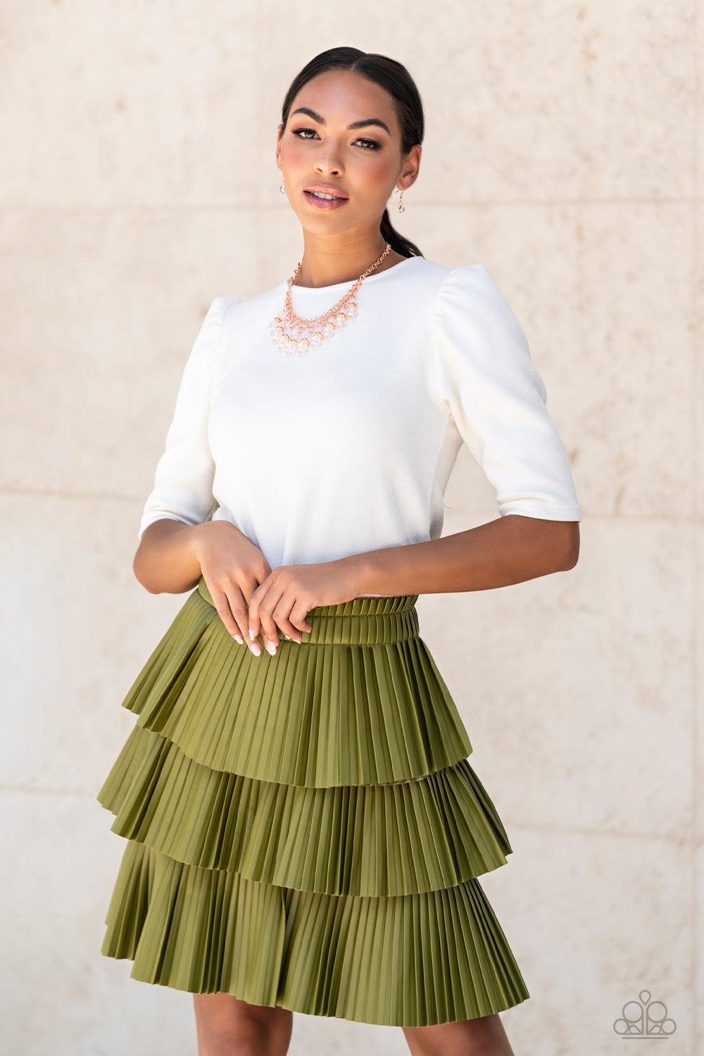 Paparazzi Accessories Deep Space Diva - Copper Featuring a stellar iridescence, pairs of glassy beads are separated by shiny copper discs, trickling below the collar in an effervescent fringe. Features an adjustable clasp closure. Due to its prismatic pal