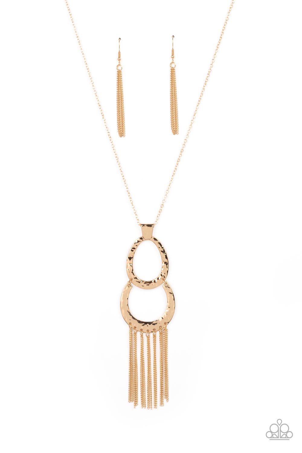 Paparazzi Accessories Reeling in Relics - Gold A hammered gold horseshoe links to the bottom of a hammered oval frame at the bottom of a lengthened gold chain. Glistening gold chains stream out from the bottom of the stacked pendant, adding eye-catching m
