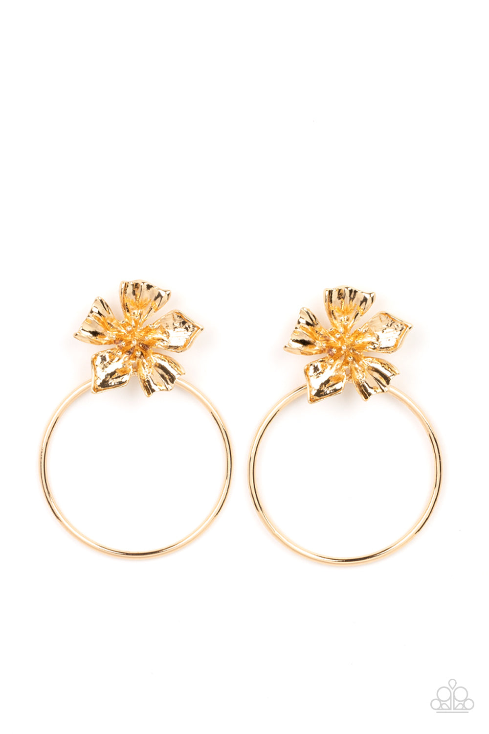 Paparazzi Accessories Buttercup Bliss - Gold Featuring lifelike textures, a shimmery gold buttercup blooms atop an oversized gold hoop for a whimsical allure. Earring attaches to a standard post fitting. Sold as one pair of post earrings. Jewelry
