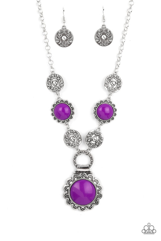 Paparazzi Accessories Poppy Persuasion - Purple Shiny oversized Dahlia beads are wrapped in floral-inspired frames of silver, filled with studded texture. Silver discs embossed in a filigree motif alternate with the vibrant beads as they link along the co
