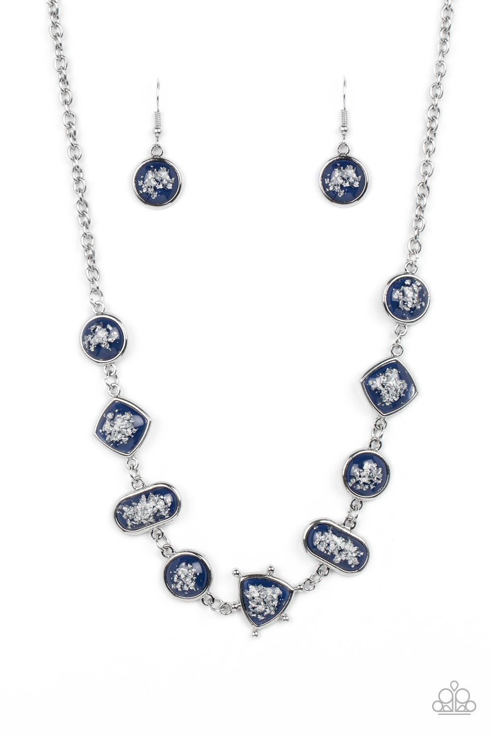Paparazzi Accessories Fleek and Flecked - Blue Glassy blue beads speckled in flecks of silver shimmer delicately hang from a silver chain, linking into a glitzy geometric pattern along the collar. Features an adjustable clasp closure. Sold as one individu