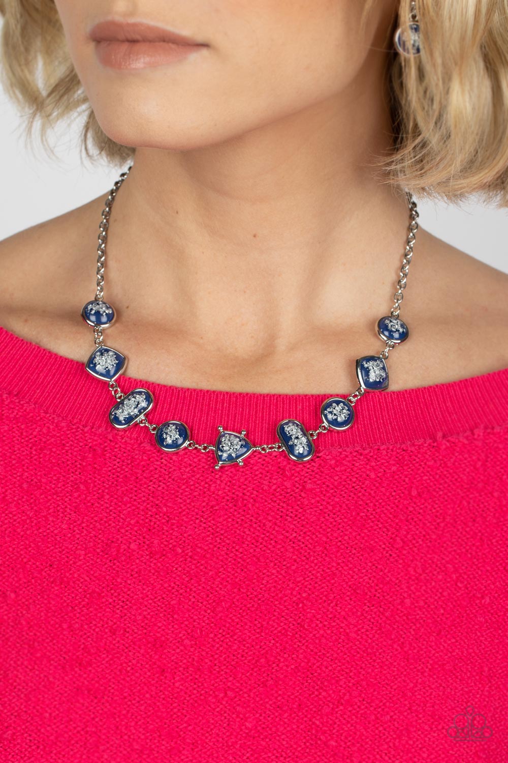Paparazzi Accessories Fleek and Flecked - Blue Glassy blue beads speckled in flecks of silver shimmer delicately hang from a silver chain, linking into a glitzy geometric pattern along the collar. Features an adjustable clasp closure. Sold as one individu