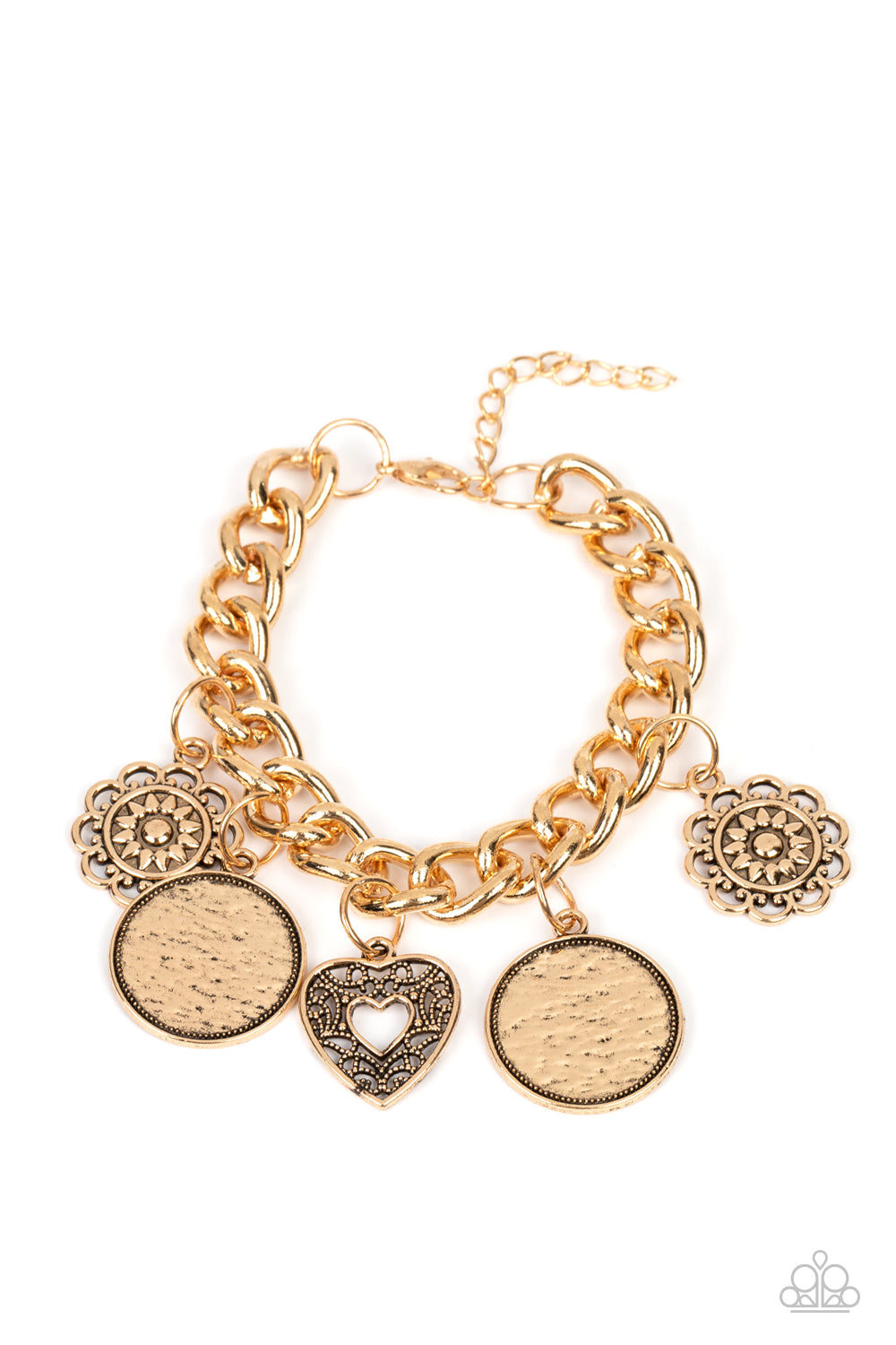 Paparazzi Accessories Complete CHARM-ony - Gold A whimsical collection of gold charms — including an airy heart, flowers, and textured coin-like discs — dance from a chunky gold chain around the wrist, creating a boisterous fringe. Features an adjustable