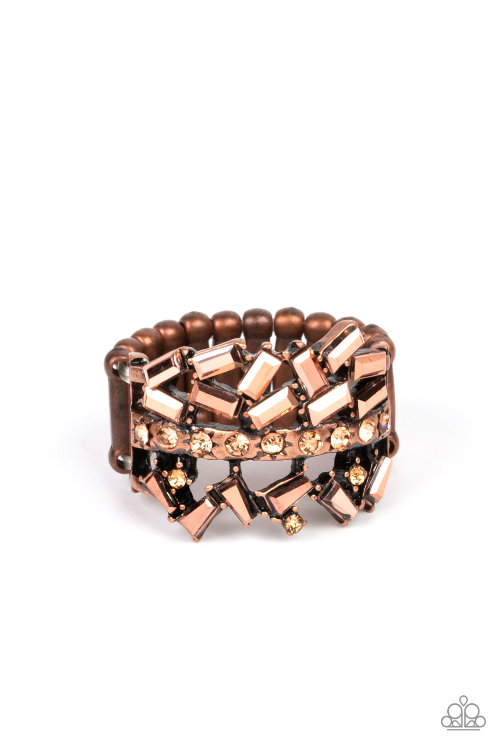 Paparazzi Accessories Scattered Sensation - Copper Dotted in dainty topaz rhinestones, a single copper band separates a haphazard explosion of round and emerald cut coppery aurum rhinestones across the finger. Features a stretchy band for a flexible fit.