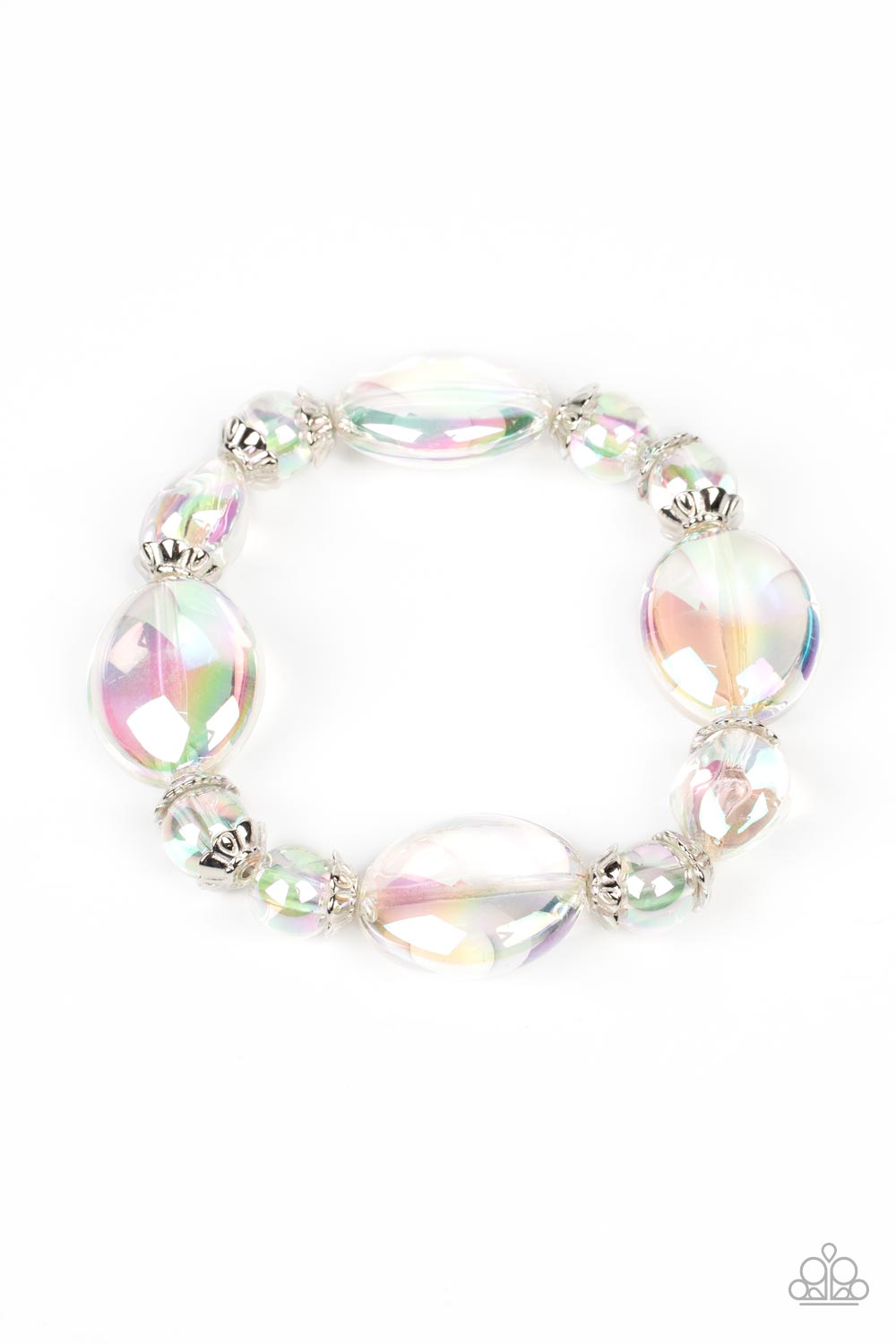 Paparazzi Accessories Iridescent Illusions - Multi Bubbly iridescent beads in varying sizes are threaded along a stretchy band, creating a glittery magical effect around the wrist. Silver cap fittings encase the smaller beads, adding vintage metallic deta