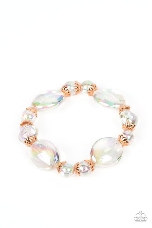 Paparazzi Accessories Iridescent Illusions - Copper Bubbly iridescent beads in varying sizes are threaded along a stretchy band, creating a glittery magical effect around the wrist. Shiny copper cap fittings encase the smaller beads, adding vintage metall