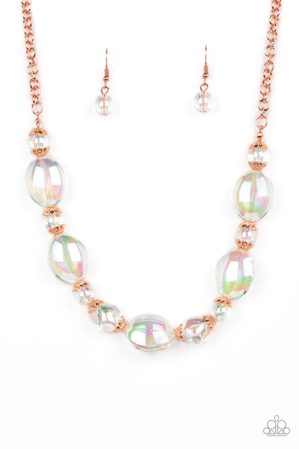 Paparazzi Accessories Prismatic Magic - Copper Bubbly iridescent beads in varying sizes drape along the collar, creating a glittery magical effect. Shiny copper cap fittings wrap around the smaller beads, adding vintage metallic detail to the effervescent