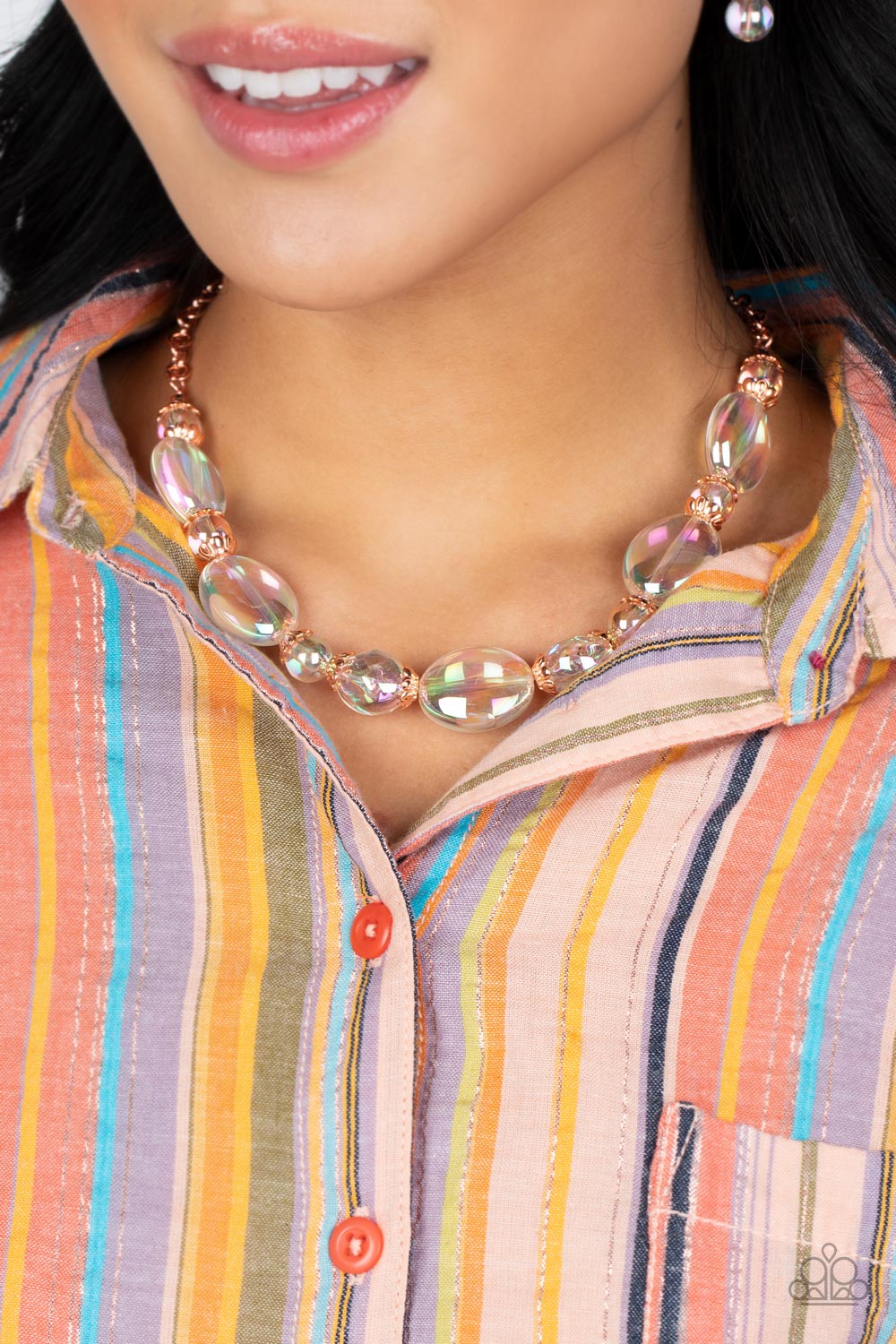 Paparazzi Accessories Prismatic Magic - Copper Bubbly iridescent beads in varying sizes drape along the collar, creating a glittery magical effect. Shiny copper cap fittings wrap around the smaller beads, adding vintage metallic detail to the effervescent