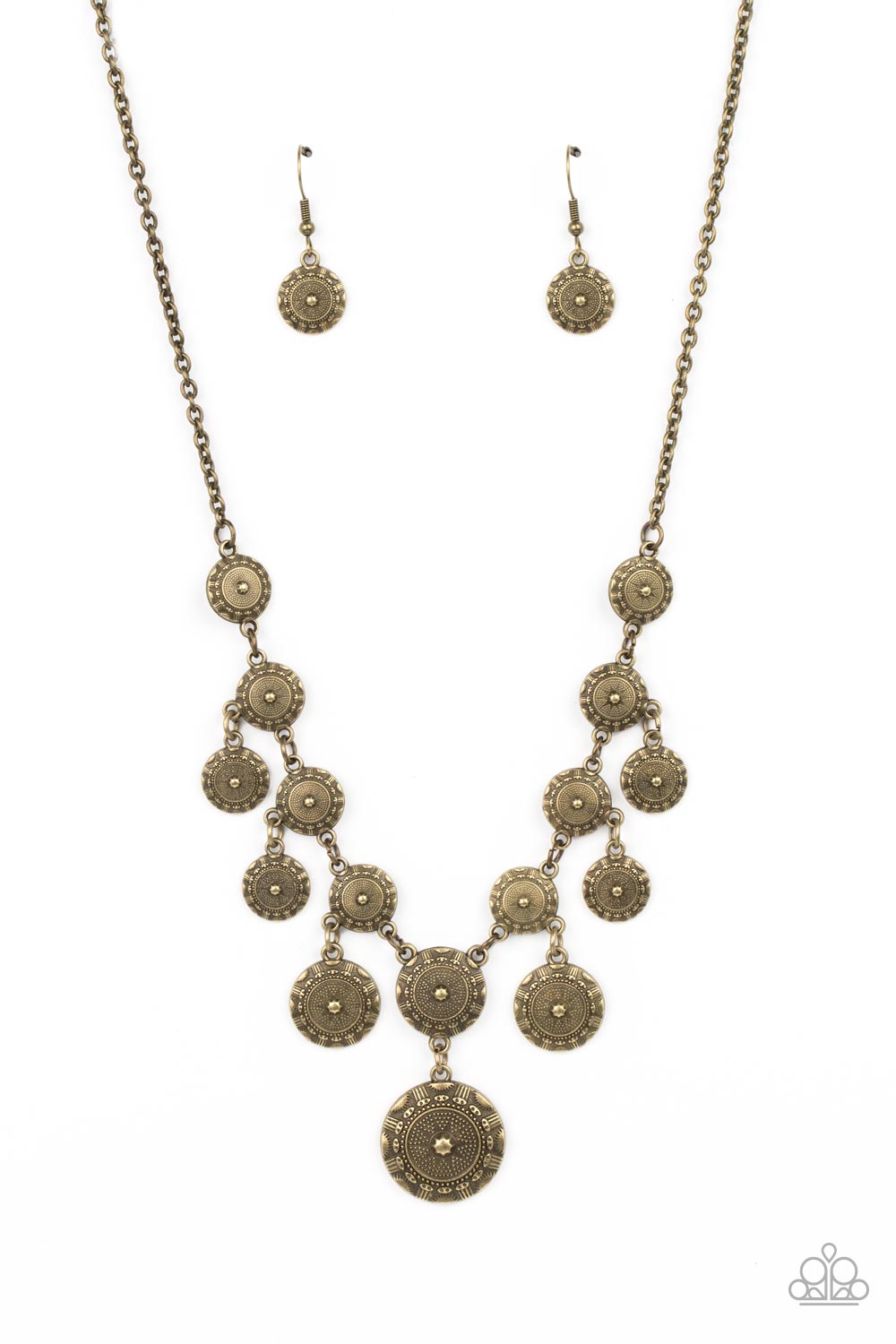 Paparazzi Accessories Sahara Stars - Brass Dainty brass studs radiate out into a star pattern around a starry stud, creating elaborate brass frames. Varying in size, the coin-like frames trickle along the collar, creating a rustic fringe. Features an adju